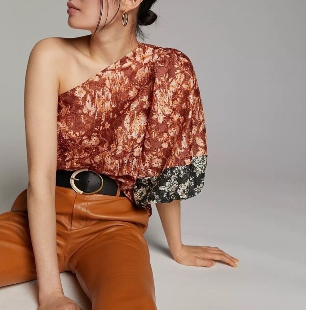 Sachin & Babi x Anthropologie Rust Floral Eyelet One Shoulder Puff Sleeve Top XS